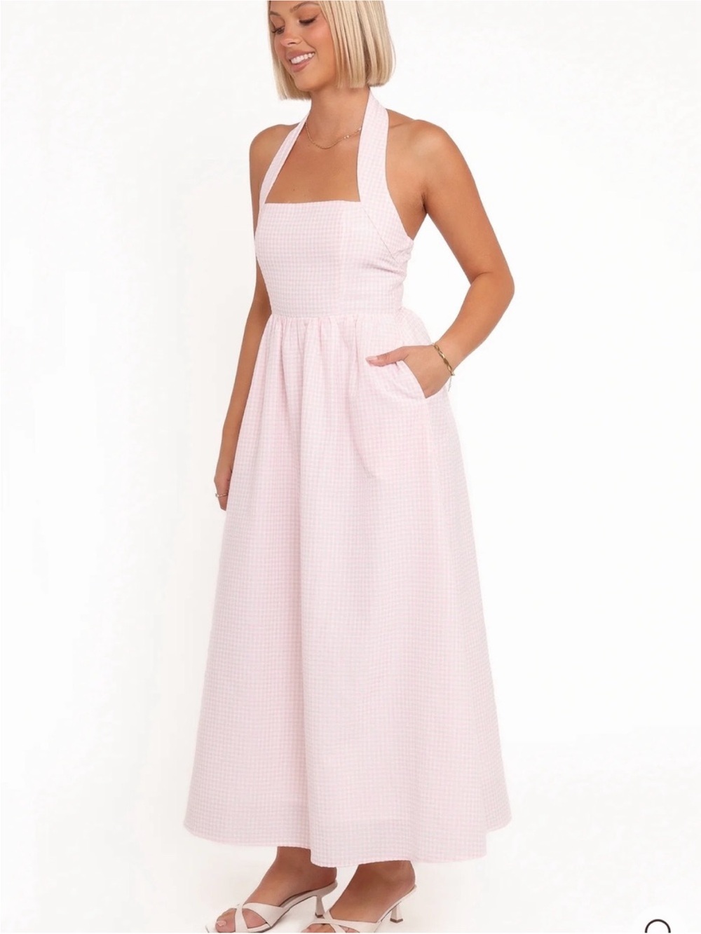 Petal and Pup- SZ 2 NWT Light Pink Gingham Halter Midi Dress - Picture 3 of 11